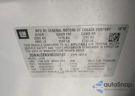 2017 Chevrolet Equinox Lt z USA, uszkodzony, nr VIN 2GNALCEKXH6268197